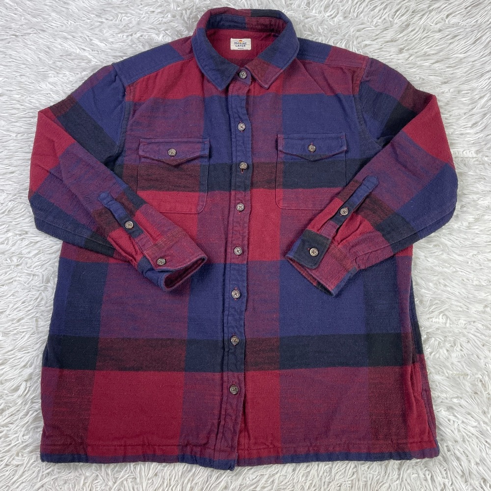 Marine Layer Shirt Womens‎ Medium Red Blue Plaid Riley Overshirt Shaket Pockets